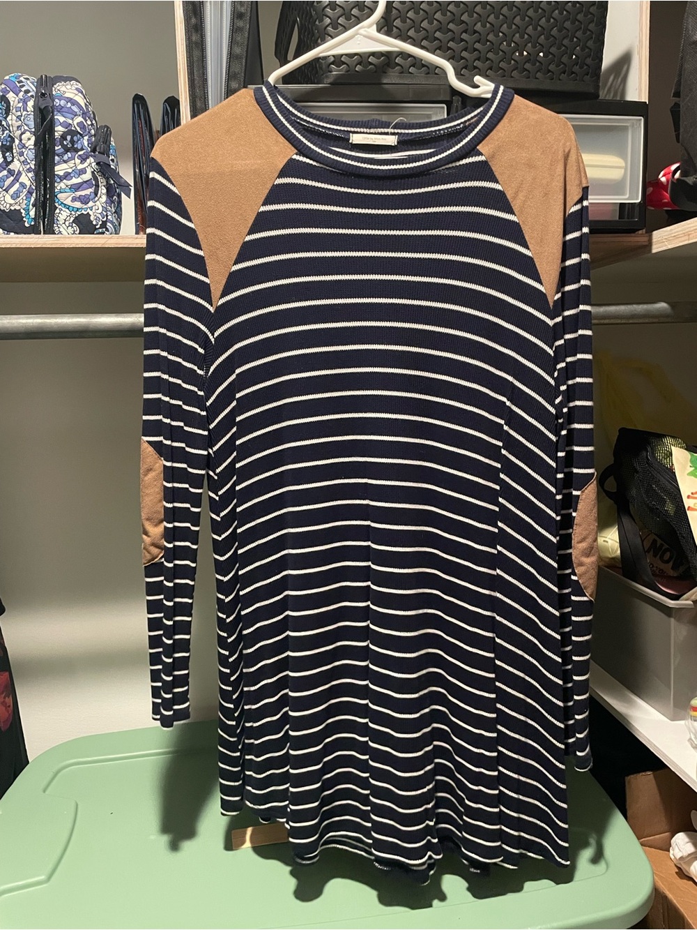 12PM by Mon Ami Navy & White Striped mini dress with Tan Patch Accents